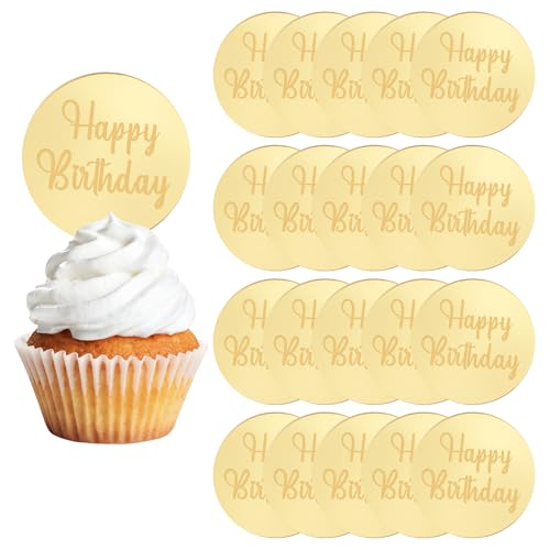 URROMA Cupcake-Topper aus Acryl, goldfarben, 20 St點k, "Happy Birthday"-Kuchenscheibe, Spiegel, runde Kuchendekoration, gravierte Charms f黵 Geburtstagsparty, Kuchendekoration URROMA Cupcake-Topper aus Acryl, goldfarben, 20 St點k, "Happy Birthday"-Kuchenscheibe, Spiegel, runde Kuchendekoration, gravierte Charms f黵 Geburtstagsparty, Kuchendekoration von URROMA