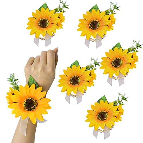 URROMA Gelbe Handgelenk-Blume, 6 Stück, künstliche Sonnenblumen, Armband, für Abschlussball, Blume, Handgelenk, Ansteckblume für Brautjungfer, Brautjungfer, Hochzeit, Dusche, Abschlussball, Party von URROMA