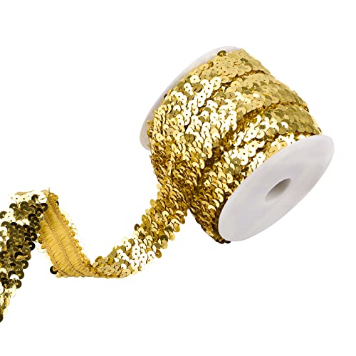 URROMA Gold Glitter 3-reihig Handwerk Pailletten, 9,1 Meter flach Glitzer Stretch Bling Pailletten Stoff Band Metallic Applique Trim Spitze für Kleid Stirnband von URROMA