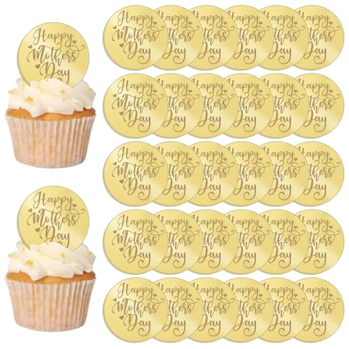 URROMA Goldener runder Muttertags-Acryl-Kuchenaufsatz, 30 St點k, "Happy Mother's Day", Cupcake-Topper, kleine Herz-Kuchendekoration f黵 Party, B鋍kerei, DIY Handwerk von URROMA