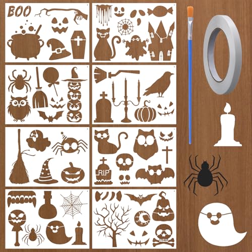 URROMA Halloween-Schablonen zum Malen auf Holz, 10,2 x 15,2 cm, wiederverwendbare Halloween-Vorlagen, großes Kürbis-Geist, Gesichtsschild, DIY, Basteln, Fensterdekoration (20,3 x 29,2 cm), 8 Stück von URROMA