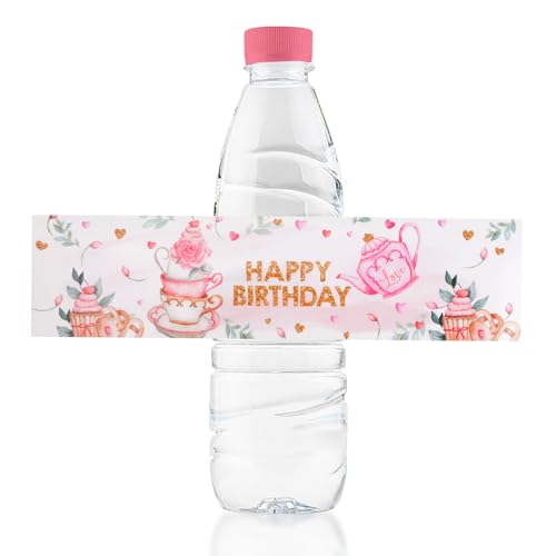 URROMA Happy Birthday Wasserflaschen-Etiketten, 50 St點k, rosa Teeparty, Geburtstag, Flaschenverpackungen, Geburtstagsaufkleber f黵 Party, Geburtstag, Trinkwasserflasche, Papieretiketten von URROMA
