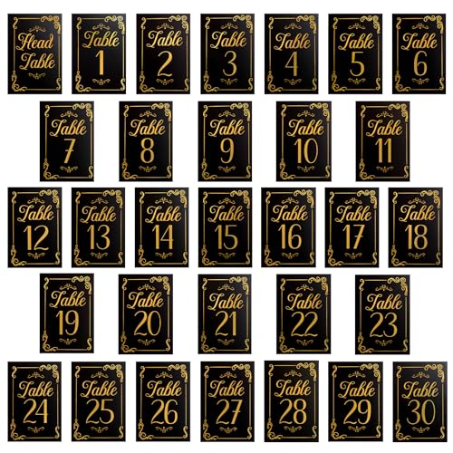 URROMA Hochzeit Tischkarten, 1-30 Tischnummernkarten Schwarz und Gold Tischnummern für Hochzeitsempfang Geburtstagsfeier Jubiläum Tischnummernarrangement von URROMA