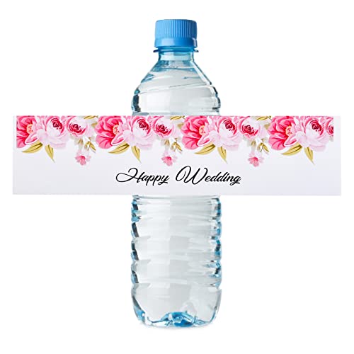 URROMA Hochzeits-Wasserflaschen-Etiketten, 100 Stück, Blumenmuster, Happy Wedding Wasserflaschen-Etiketten, Aufkleber, Wrap-around-Aufkleber für Wasserflaschen, Hochzeit, Brautparty, Dekoration, Rot von URROMA