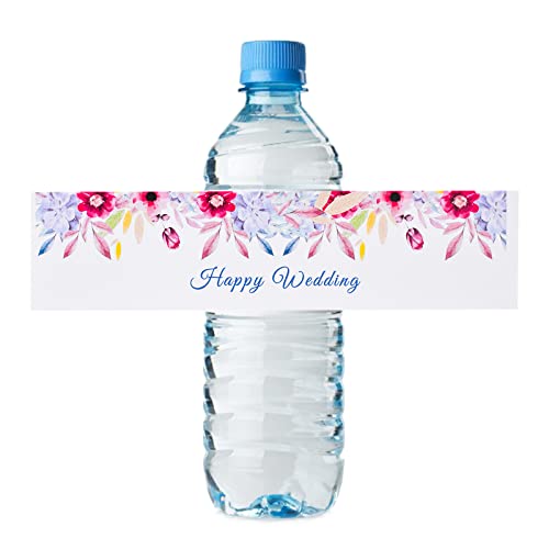 URROMA Hochzeits-Wasserflaschen-Etiketten, 100 Stück, florale Happy Wedding Wasserflaschen-Etiketten, Aufkleber für Wasserflaschen, Hochzeit, Brautparty, Dekoration, Rosa und Violett von URROMA
