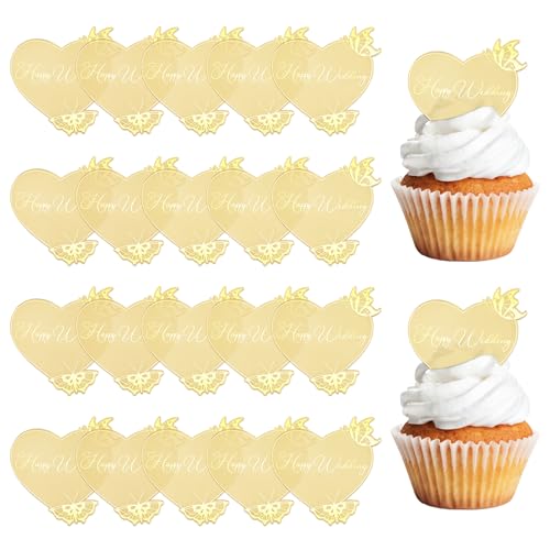 URROMA Hochzeitstortenaufsatz, 20 Stück, herzförmig mit Schmetterling, goldene Kuchenspieße, Happy Wedding Schriftart, Kuchenanhänger für Hochzeit, Party, Dekoration URROMA Hochzeitstortenaufsatz, 20 Stück, herzförmig mit Schmetterling, goldene Kuchenspieße, Happy Wedding Schriftart, Kuchenanhänger für Hochzeit, Party, Dekoration von URROMA