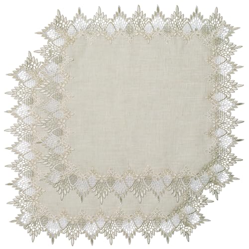 URROMA Quadratische Deckchen aus Leinen, 61 x 61 cm, Beige mit Spitzenbesatz, Couchtischauflage, Tischdekoration, Tischdecke für Esszimmer, Küche (60 x 60 cm), 2 Stück von URROMA
