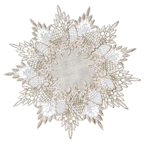 URROMA Runde Deckchen aus Leinen, 30 cm, beige Tischdecke mit Spitzenbesatz, Couchtischauflage, runde Tischdecke f黵 Esszimmer, K點he, Tischdekoration von URROMA