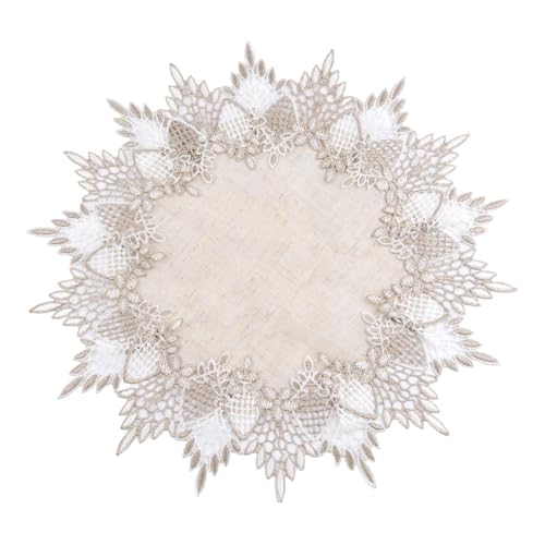 URROMA Runde Deckchen aus Leinen, 40,6 x 40,6 cm, beige Tischdecke mit Spitzenbesatz, Couchtischauflage, Tischdekoration, Tischdecke für Esszimmer, Küche (40 x 40 cm) von URROMA