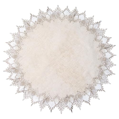 URROMA Runde Deckchen aus Leinen, 71,1 x 71,1 cm, Beige mit Spitzenbesatz, Couchtischauflage, Tischdekoration, Tischdecke für Esszimmer, Küche (70 x 70 cm) von URROMA