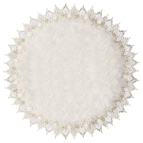 URROMA Runde Deckchen aus Leinen, 90 cm, beige Tischdecke mit Spitzenbesatz, Couchtisch, staubdichte Auflage, runde Tischdecke f黵 Esszimmer, K點he von URROMA