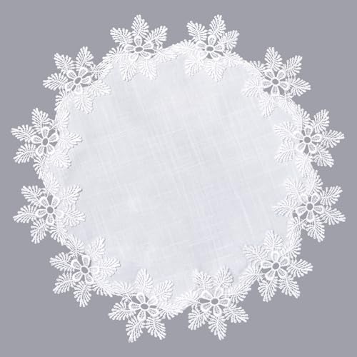 URROMA Runde Deckchen aus Leinen, wei遝 Tischdecke mit Schneeflocken-Spitzenbesatz, Couchtischdekoration, Tischdecke f黵 Esszimmer, K點he (40 x 40 cm) von URROMA
