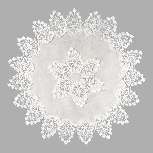 URROMA Runde Leinen-Deckchen, 61 x 61 cm, Vintage-Tischdecke mit Spitzenbesatz, Couchtischauflage, wei遝 Tischdecke f黵 Zimmer, K點he, Hochzeitsdekoration (60 x 60 cm) von URROMA