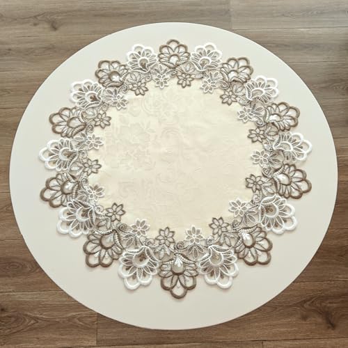 URROMA Runde Tischdecke aus Leinen, mit Spitzenbesatz, Couchtischdekoration, Tischdecke für Esszimmer, Küche, 60 x 60 cm, Beige von URROMA