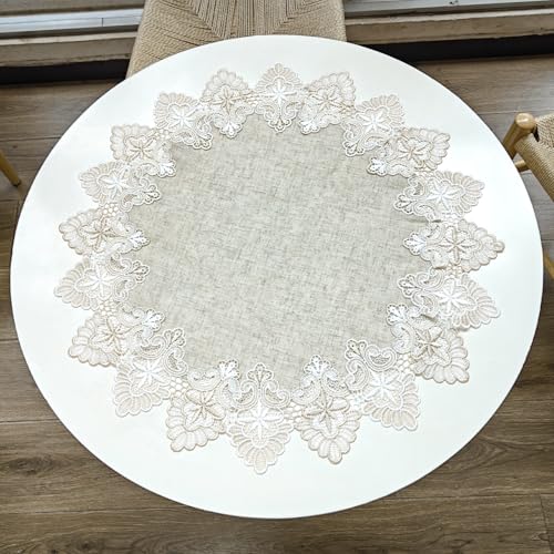 URROMA Runde Tischdecke aus Leinen mit Spitzenbesatz, hellkhaki, staubdicht, f黵 Zuhause, Festival, Tischdecke f黵 Esszimmer, K點he, 60 x 60 cm von URROMA