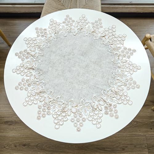 URROMA Rundes Deckchen aus Leinen, Traubenspitze, Leinen, runde Tischdecke, Abdeckung f黵 Couchtisch, f黵 Esszimmer, K點he, Hochzeitsdekoration (60 x 60 cm) von URROMA