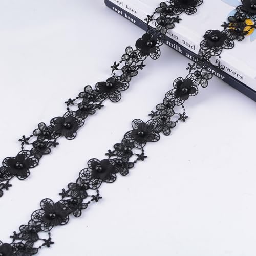 URROMA Schwarze Blumen-Spitzenbesatz, ca. 2 m, Spitze, 3D-Blume, Nagelperle, bestickt, 3,5 cm breit von URROMA