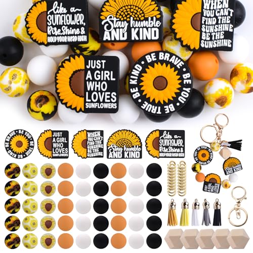 URROMA Silikon-Perlen-Set, 65-teilig, Motiv: Sonnenblumen, motivierende Texter, Silikon-Perlen, Schlüsselanhänger-Set mit Karabinerschnalle, lose Perlen für Stifte, DIY-Halskette URROMA Silikon-Perlen-Set, 65-teilig, Motiv: Sonnenblumen, motivierende Texter, Silikon-Perlen, Schlüsselanhänger-Set mit Karabinerschnalle, lose Perlen für Stifte, DIY-Halskette von URROMA