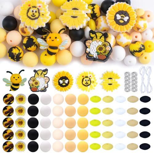 URROMA Silikonperlen-Set, 76 St點k, Bienen-Thema, Gro遬ackung, Silikon-Perlen, Blumen-Abstandshalter, Perlen f黵 Bastelklassen, Stifte, Halsketten, Schl黶selanh鋘ger, Armb鋘der, Basteln von URROMA
