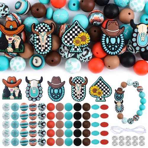 URROMA Silikonperlen-Set, 76-teiliges Cowboy-Thema, Silikon-Perlen-Set mit Schnur-Abstandshalter, Perlen für Schmuckherstellung, Halsketten, Bastelarbeiten, Partyzubehör URROMA Silikonperlen-Set, 76-teiliges Cowboy-Thema, Silikon-Perlen-Set mit Schnur-Abstandshalter, Perlen für Schmuckherstellung, Halsketten, Bastelarbeiten, Partyzubehör von URROMA