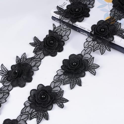 URROMA Spitzenbesatz mit schwarzer Blume, ca. 2 m, Vintage-Perlenband, bestickt, 7 cm breit von URROMA