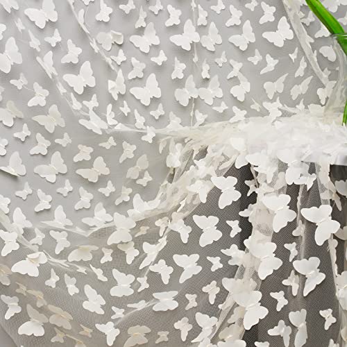 URROMA 1 Yard Stickerei Schmetterling Spitze Stoff, Beige 3D Mesh Tulle für DIY Hochzeitskleid Kostüm Zubehör Schleier Home Decor von URROMA