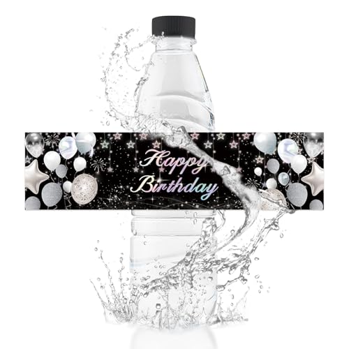 URROMA Wasserflaschen-Etiketten, 50 Stück, Happy Birthday-Flaschenaufkleber, wasserdicht, schwarz-silberfarben, Ballon-Banner, Happy Birthday-Thema, Wasserflaschenverpackungen von URROMA