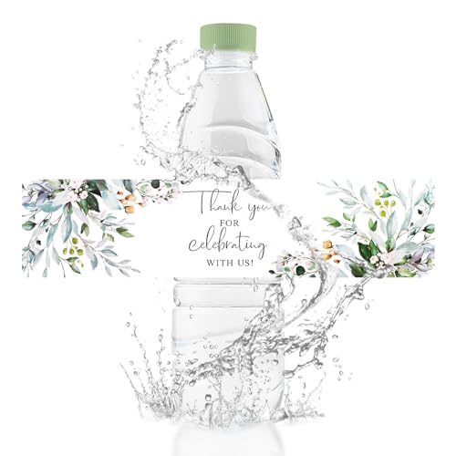 URROMA Wasserflaschenetiketten für Hochzeit, selbstklebend, Dankeschön-Etiketten, rechteckig, umhüllend, wasserdicht, glänzend, Blumenmotiv, Geburtstag, 100 Stück von URROMA