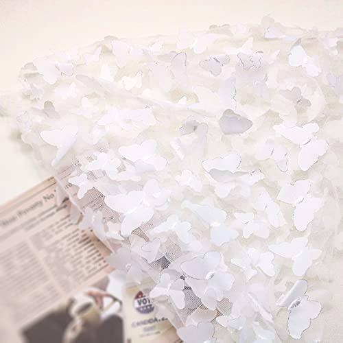 URROMA 1 Yard Stickerei Schmetterling Spitze Stoff, weiß 3D Schmetterling Spitze Stoff Mesh Tüll Spitze für DIY Hochzeit Kleid Kostüm Zubehör Schleier Home Decor von URROMA