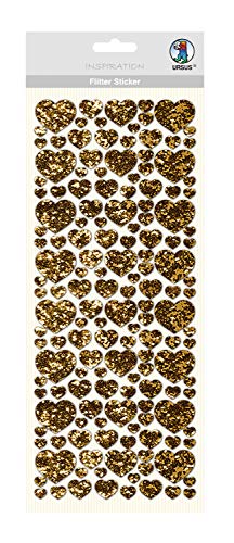 Ursus 59490001 - Flitter Sticker, Herz, gold, ca. 12 x 29 cm, Folienstoff Sticker, selbstklebend, ideal geeignet für Scrapbooking, Kartengestaltung und zur Dekoration von Ursus