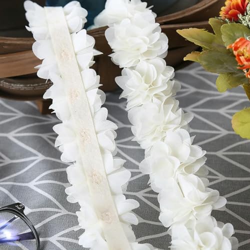 1 Yard (26 Blumen) 3D-Chiffon-Blumen zum Selbermachen, 5 cm Breite, Spitzenbesatz, Spitzenband, Dekoration, Kleidungszubehör, kein Stirnband, Elfenbeinfarben von URYVDS