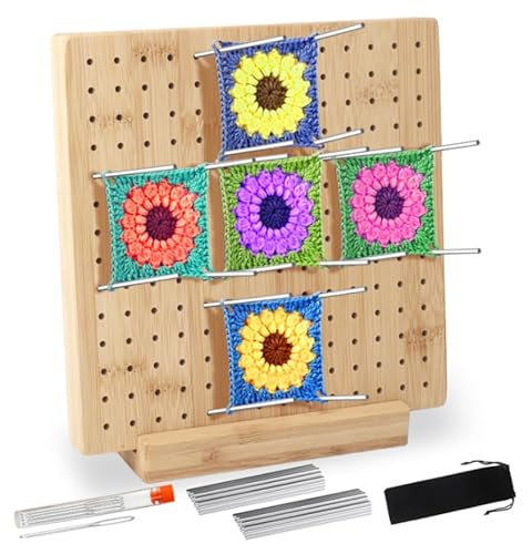 USHOP Sperrbrett Für Granny Square,19.5 * 19.5 cm Blocking Board Häkeln mit 20 Edelstahl Stabstiften Und 5 Nadeln,Wooden Blockierbretter,für Granny Squares Spannen,Strick- und Häkelprojekte von USHOP