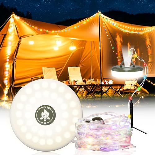 USMEI Campinglampe 2-in-1 USB Lichterkette Camping 10M, 5 Modi Tragbare Wasserdichte Lichterkette Außen, Wiederaufladbare Campinglampe Einziehbare LED Zeltleuchte für Outdoor Camping Hof Dekor von USMEI