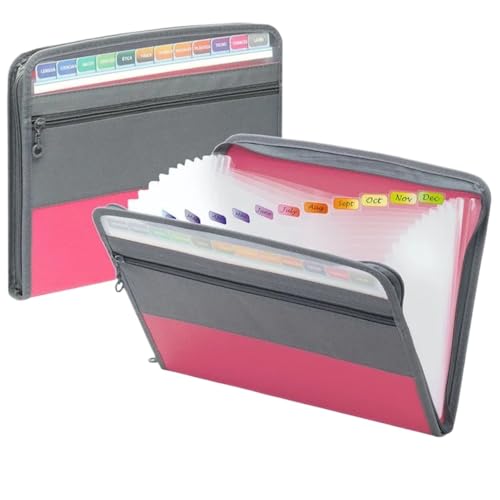 USOHJZ Akkordeonordner Organize 2 Stück Akkordeon-Ordner mit Reißverschluss, Fächermappe mit 13 Fächern und Federmäppchen auf der Vorderseite, Schul- und Bürobedarf(Pink) von USOHJZ