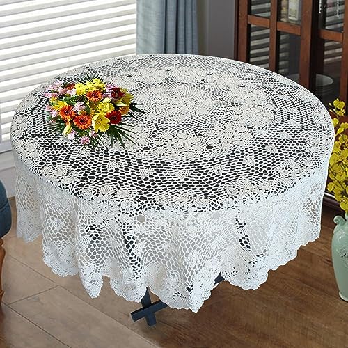 USTIDE Tischdecke, rund, Baumwolle, Häkelspitze, Blumenmuster, romantisch, für Esszimmer, Sofa, Couchtisch, Teetisch, Weiß, 120 cm von USTIDE
