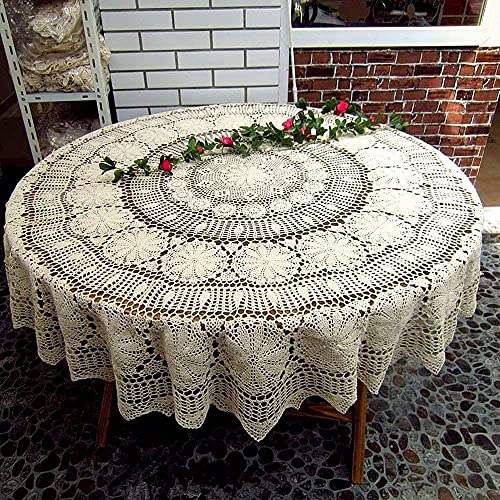 USTIDE Tischdecke, handgefertigt, gehäkelt, rund, Baumwolle, Spitze, 130 cm, Beige von USTIDE