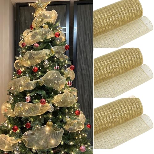 2 Stück goldenes Glitzer-Drahtgeflecht – Metallband für Weihnachtsbaumdekoration, Bandgirlande, Kranzschleife (25,4 cm x 9,1 m) von USUKUSI