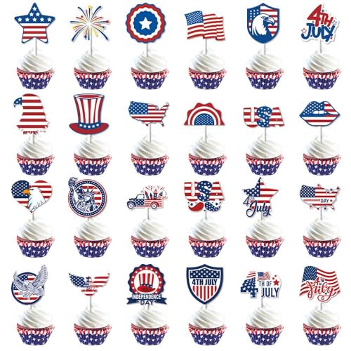 Cupcake-Topper mit amerikanischer Flagge, 4. Juli, doppelseitig, glitzernd, Stern, Cupcake-Topper, Kuchenaufsätze, Picks, Unabhängigkeitstag, Cupcake-Party-Dekorationen, Zubehör, Gastgeschenke, 48 von USUKUSI