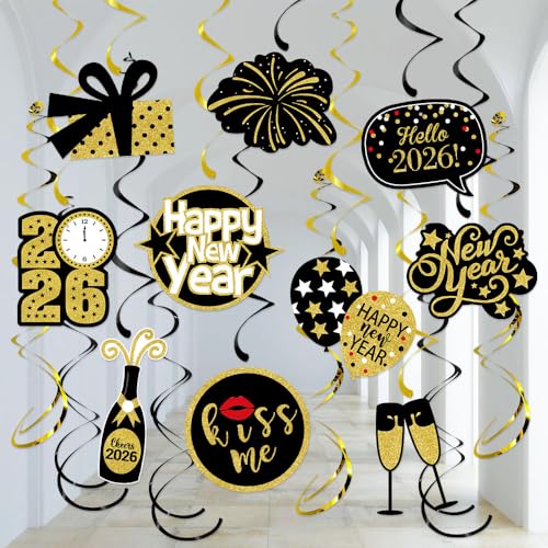 Happy Silvester Party-Dekoration Banner Girlande - 16pcs Schwarz Gold 2026 Swirl Streamers Banner, Nye Kids Hanging Supplies Decor Lasting Surprise von USUKUSI