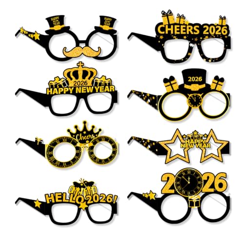 USUKUSI 16 Stück 2026 Happy New Year Brillenrahmen Party Spaß Foto Requisiten Papier Brille Rahmen Neujahr Geschenk Ball Selfie Supplies Dekoration von USUKUSI