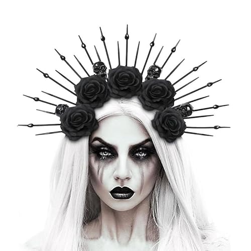 USUKUSI Schwarze Rose Skelett Göttin Heiligenschein Krone Stirnband für Frauen Gothic Blume Schädel Königin Haarreifen Tag der Toten Kopfstück Halloween Kostüm Haarschmuck Schwarz USUKUSI von USUKUSI