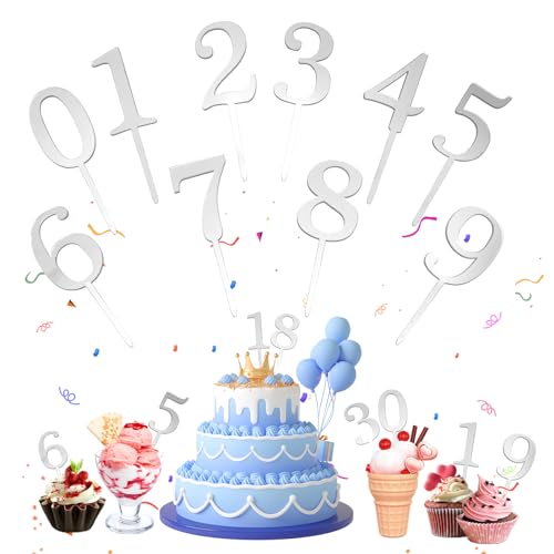 10 pcs Cake Topper Zahlen Acryl,Tortendeko Zahlen 0-9,Happy Birthday Tortendeko,Geburtstag Kuchen Deko,Wiederverwendbar Kuchen Topper für Geburtstagsfeiern,Hochzeitsparty（silbrig） von UTEFIF