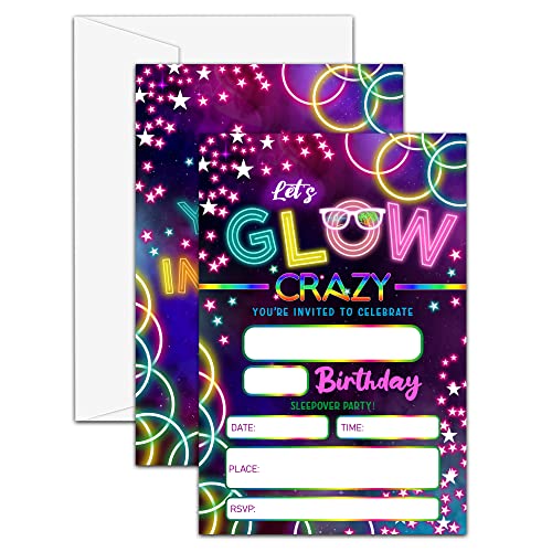 Glow Geburtstag Party Einladungen, Neon im Dunkeln Geburtstag Einladungen für Jungen Mädchen, Glow Neon Geburtstag Party Dekorationen, 20 Stück Karten mit 20 Umschlägen (C11) von UTESG