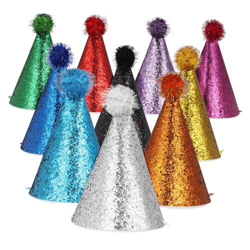 UTHCLO 10 Stk. Teiliges Partyhut aus Polyester Bunte Kegelhüte mit Bommel für Erwachsene Hunde Katzen Vielseitig Einsetzbar für Geburtstage Karneval Halloween Leichte Strapazierfähige von UTHCLO