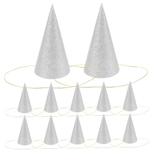 UTHCLO 12 Stück Teiliges Partyhütchen Silber mit Glitzerkegel Geburtstagskrone für Erwachsene Mini Dreieckshut mit Langem Band Festliches Zubehör für Geburtstagsfeiern und von UTHCLO