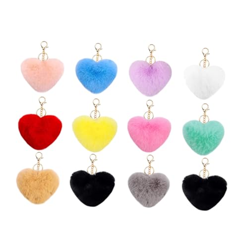 UTHCLO 12Stücke Pompom Herz Schlüsselanhänger Farbenfrohe Plüschige Schlüsselanhänger Herzförmige Anhänger Für Taschen Schlüssel Und Dekoration Für Accessoires von UTHCLO
