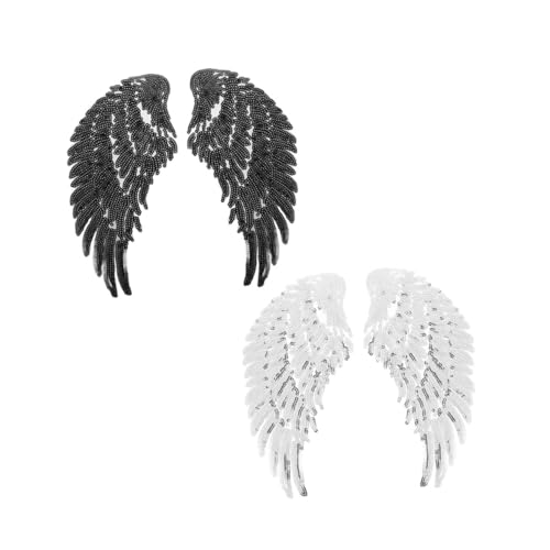 UTHCLO 2 Stück Pailletten Flügel Aufnäher zum Aufnähen DIY Kleidung Applikation Lebendige Stickerei Schwarz und Silber Dekoratives Zubehör für Individuelle Textilien und Bastelprojekte von UTHCLO