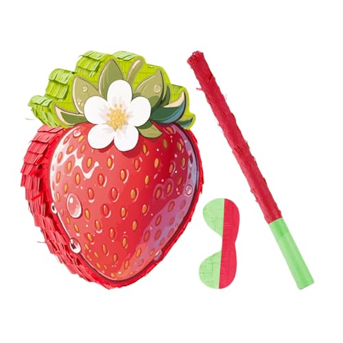 UTHCLO Rote Erdbeer-piñata mit Stick und Augenbinde Sommer Früchte Partydeko Geburtstagsdeko Konfetti-füllung Spielspaß für Erdbeer-mottopartys von UTHCLO
