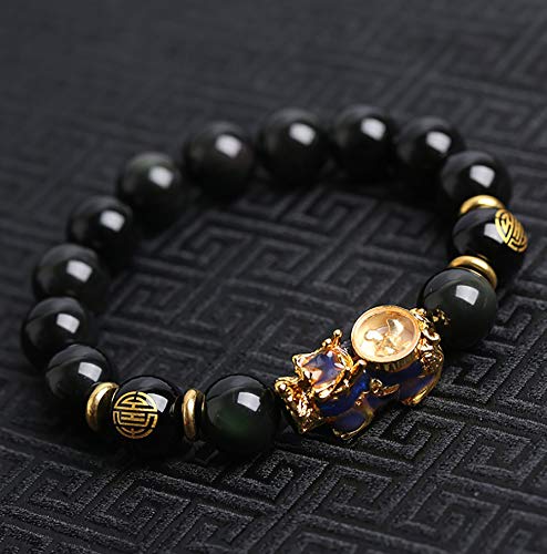 Bettelarmband Feng Shui Farbwechsel Pixiu/Pi Yao Obisdian Armband mit Turn-Luck-into-Your-Gunst Windmühle von Chi Glücksbringer verstellbarer Armreif for Geld Wohlstand Erfolg Windfall, 10 mm for Frau von UTHTY