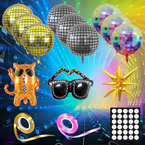 UTMACH 12 Stück Disco Party Luftballons 22 Zoll Disco Folienballons 4D Disco Luftballons Katzen Sonnenbrille Stern Mit 2 Rollen Farbband für Disco Party Deko,70Er 80Er 90Er Jahre Deko von UTMACH